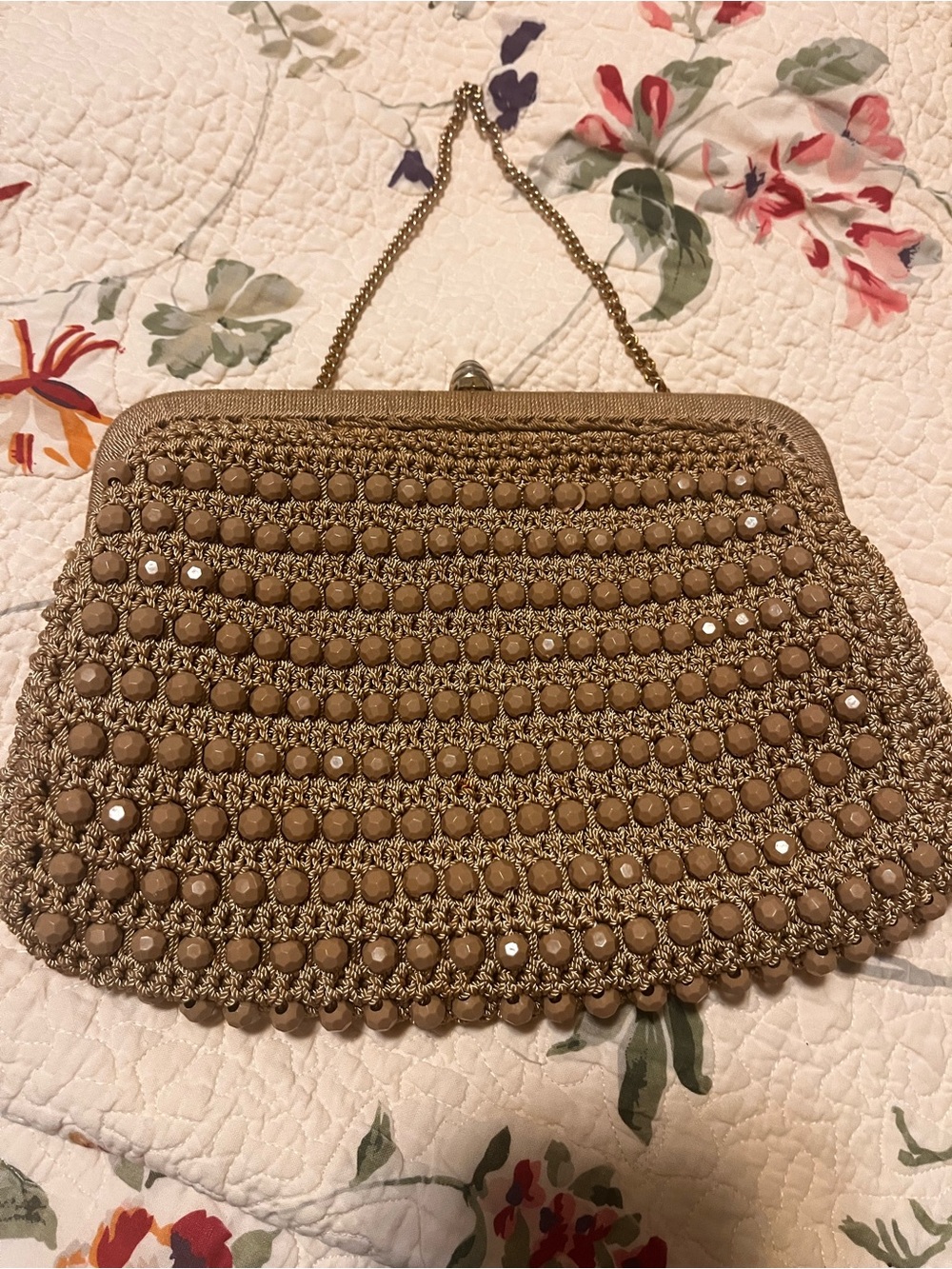 Vintage Barbara Lee Tan Beaded Crochet Evening Clutch with Chain